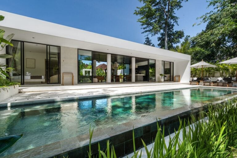 Modern villa with pool and tropical garden.