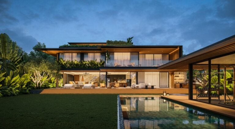 Modern luxury house with pool at dusk