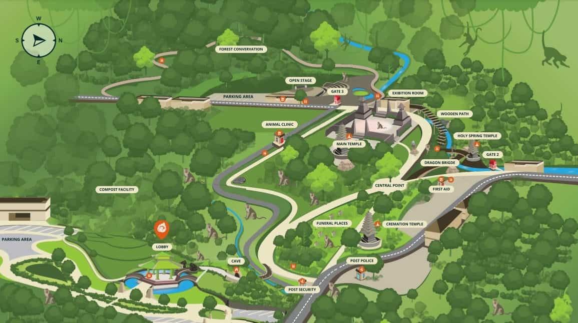 Park map with pathways, entrances, and facilities.