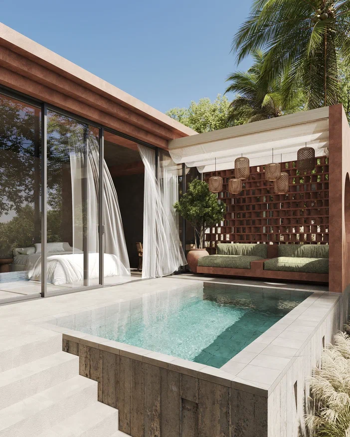 Modern villa with pool and outdoor seating.