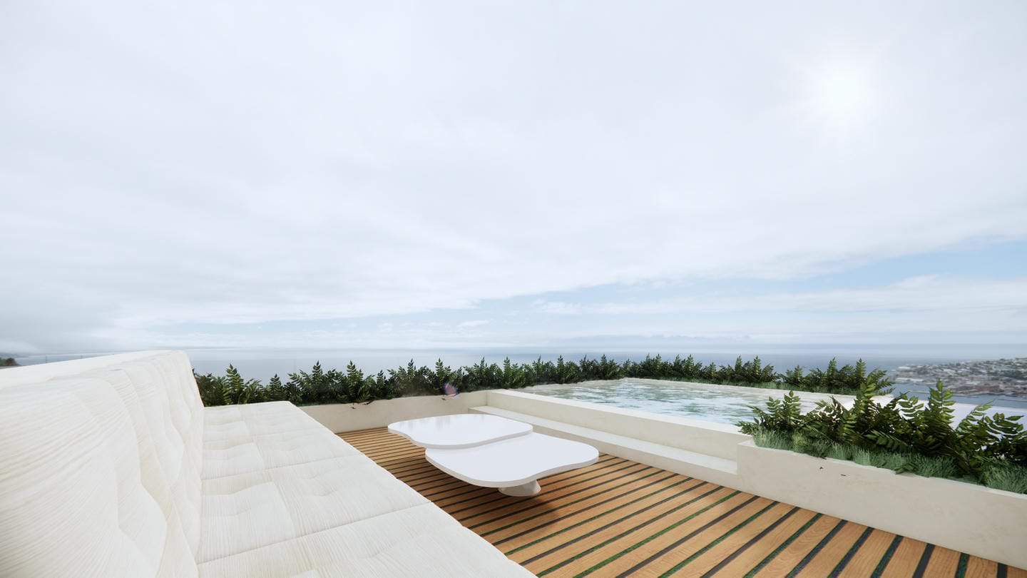 Modern terrace with ocean view, seating, and pool.