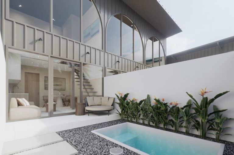 Modern courtyard with pool and patio seating