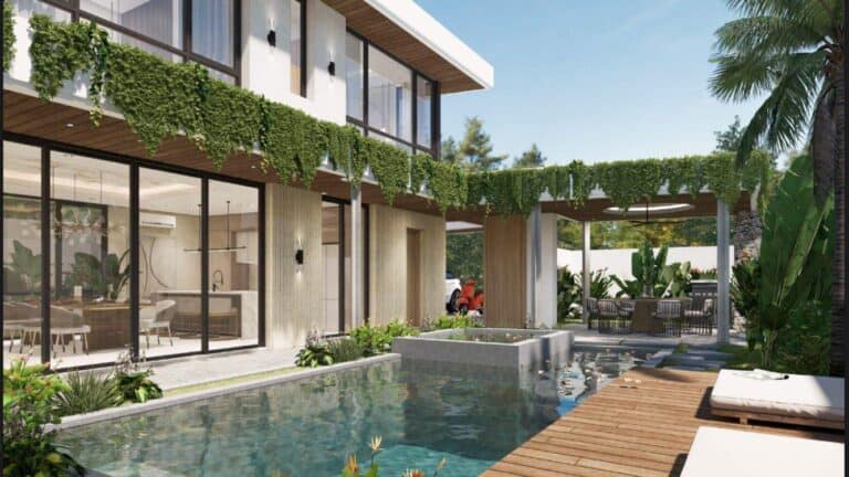 Modern house with pool and lush greenery