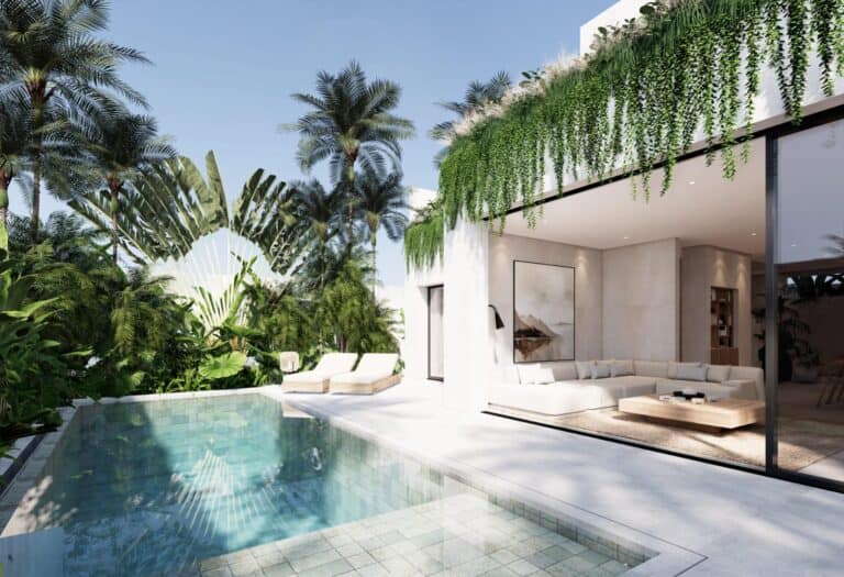 Modern villa with pool and lush greenery.