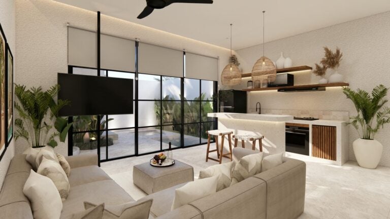 Modern living room with kitchen and large windows.