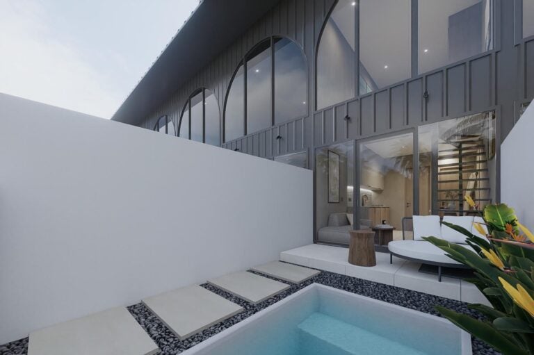 Modern patio with pool and lounge area