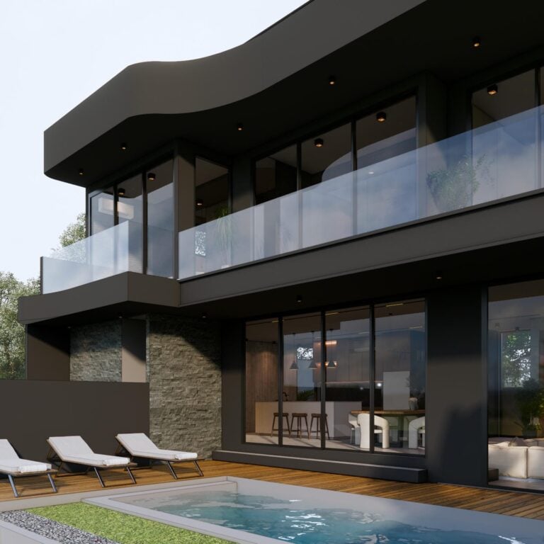 Modern house with pool and lounge chairs