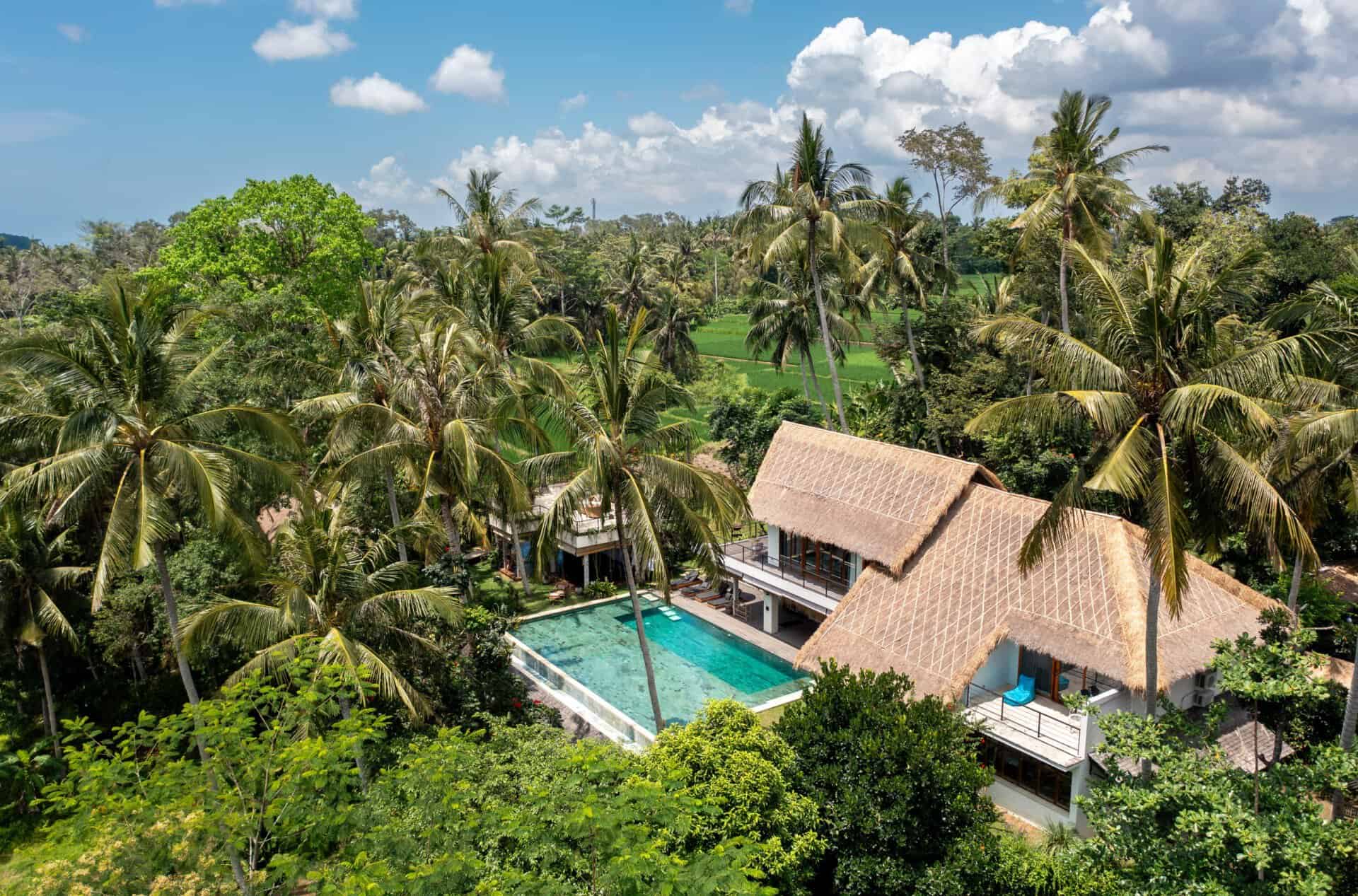 Tropical villa with pool surrounded by palm trees.