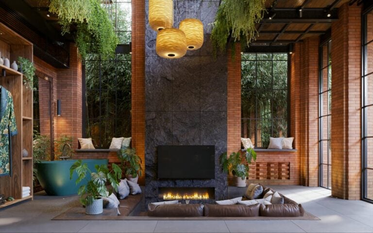 Modern living room with indoor plants and fireplace.