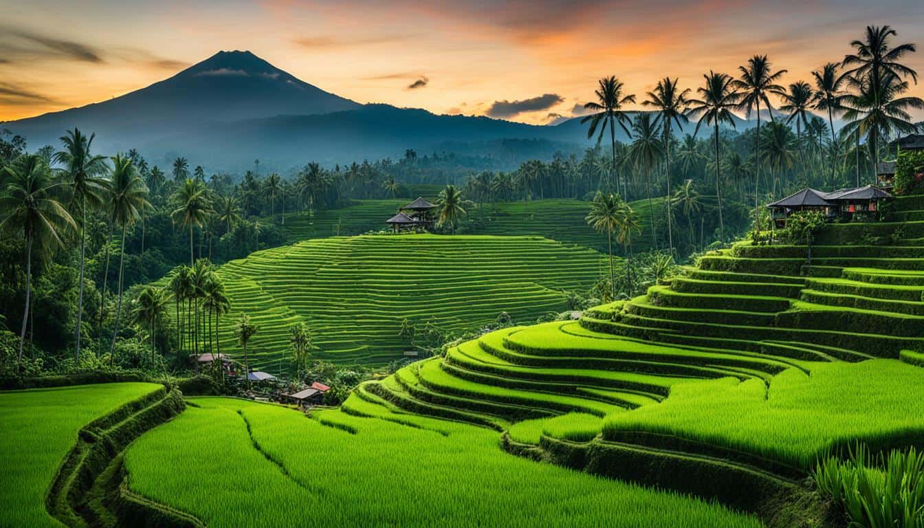 Lush green rice terraces at sunrise with mountain view.