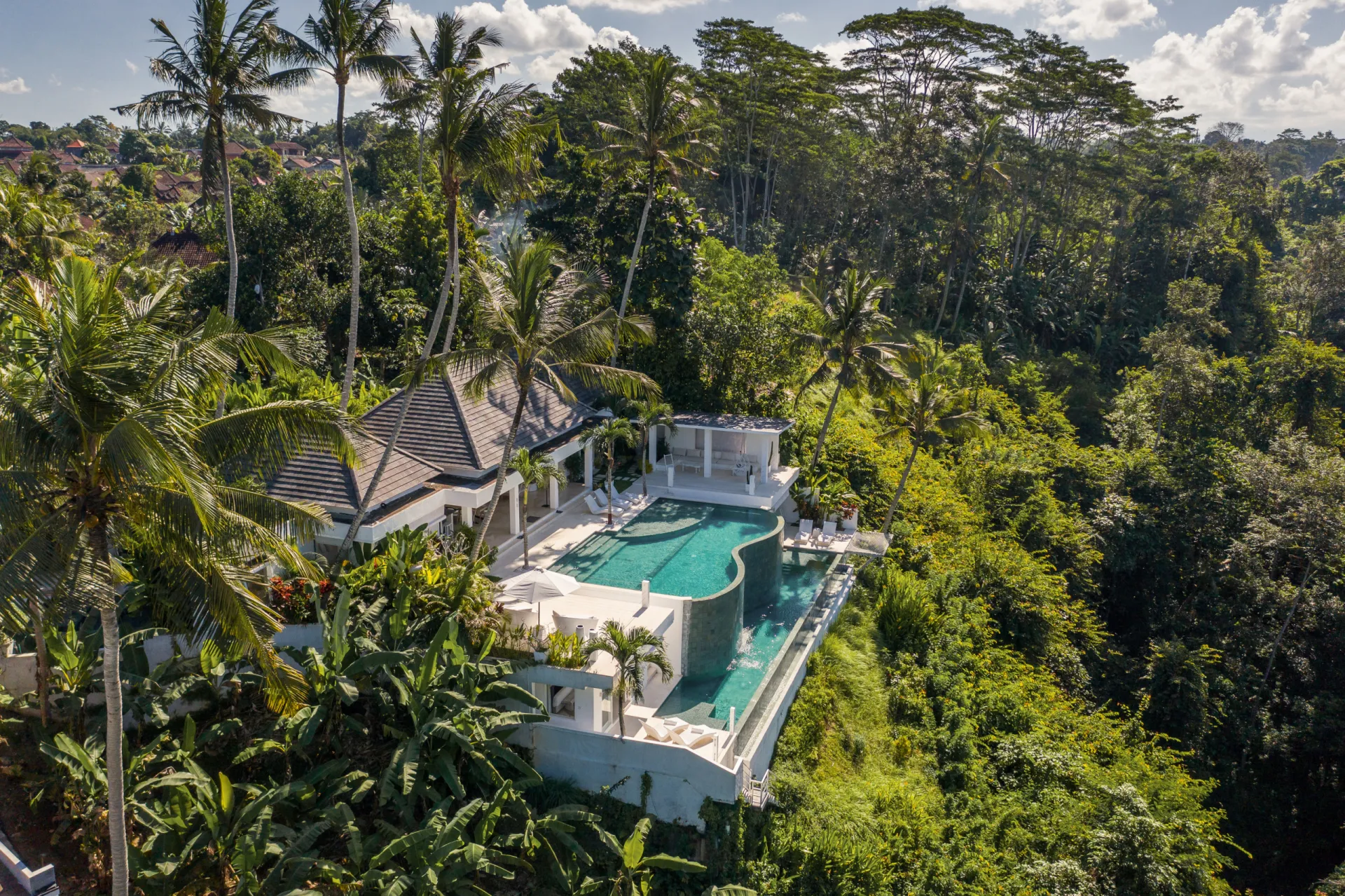 Luxury villa with pool in lush tropical setting.