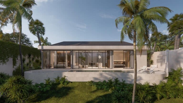 Modern villa with glass windows and palm trees