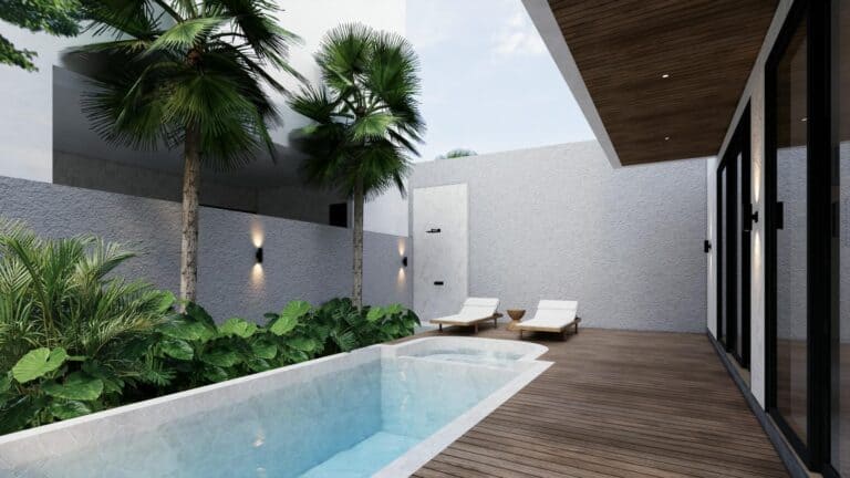 Modern patio with pool and lounge chairs