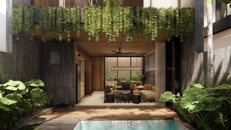 Modern patio with pool and hanging plants