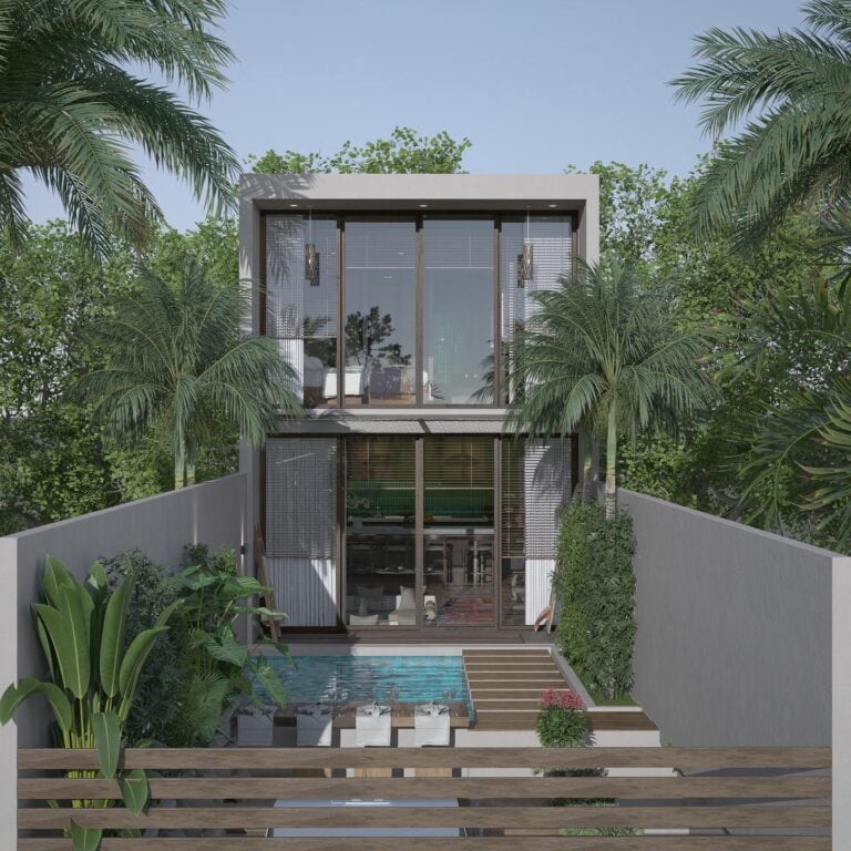 Modern house with pool and tropical plants