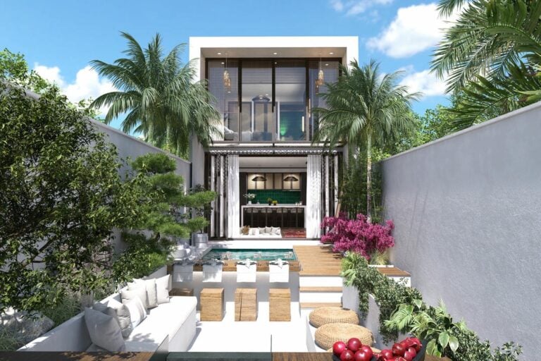 Modern villa with pool and palm trees.