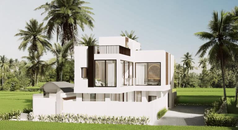 Modern white house surrounded by palm trees