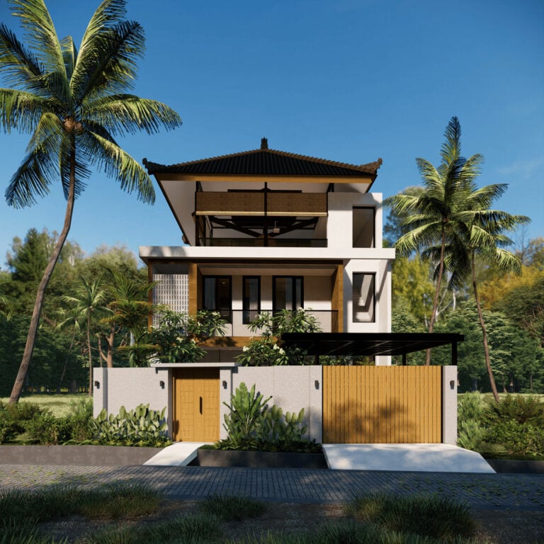 Modern three-story house with palm trees and garden.