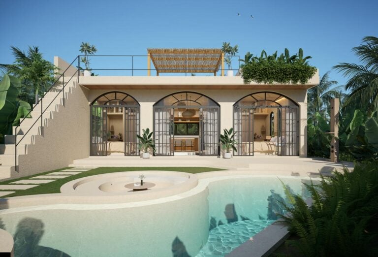 Modern villa with pool and rooftop terrace.