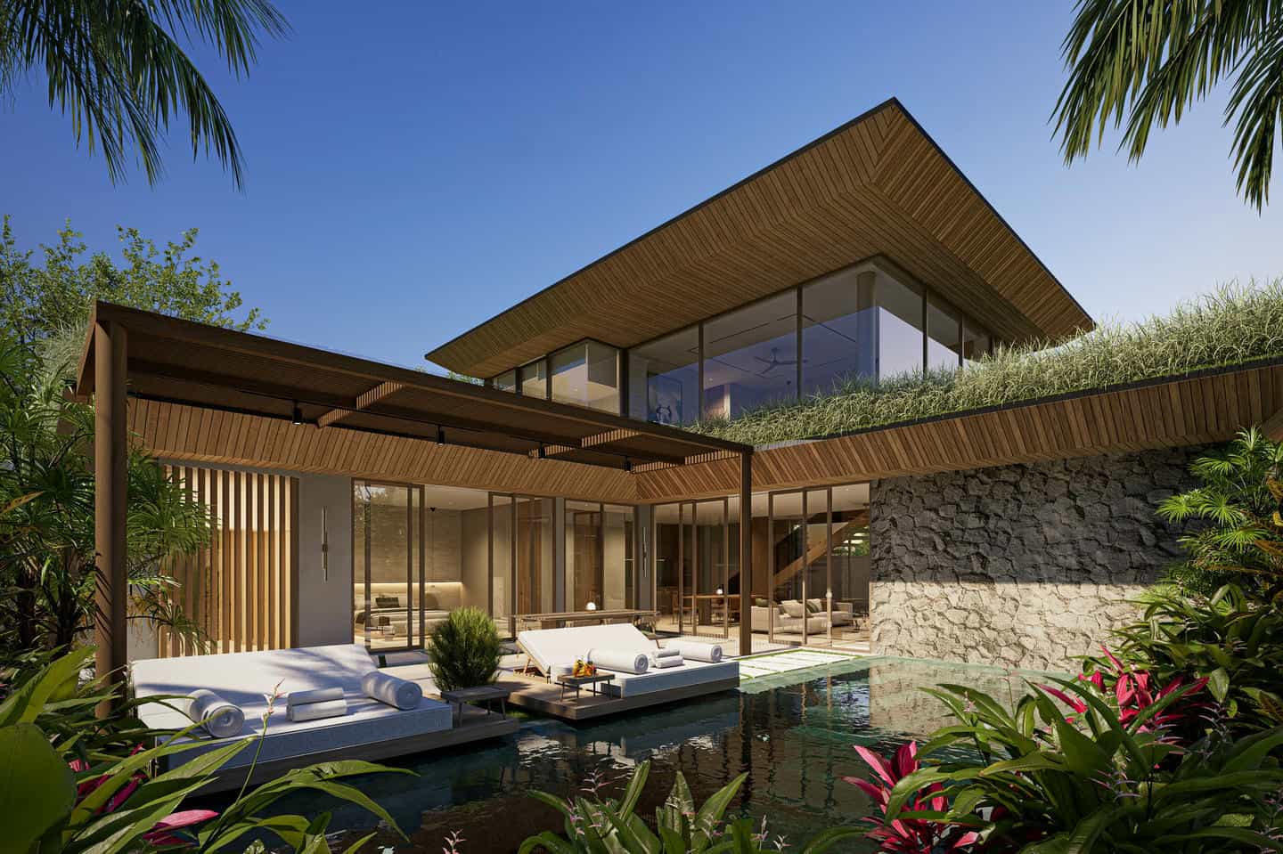 Modern villa with pool and lush garden surroundings.