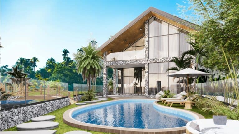 Modern villa with swimming pool and lush garden view.