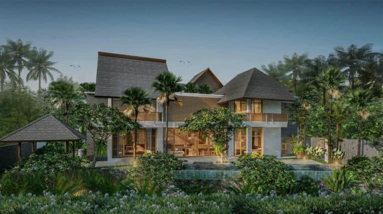 Luxury tropical villa with lush greenery landscape.