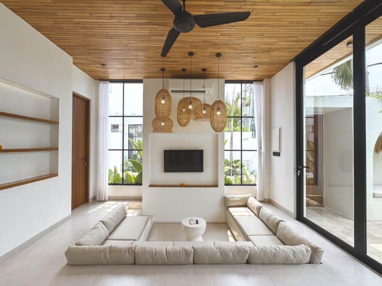 Modern living room with sunken seating area.