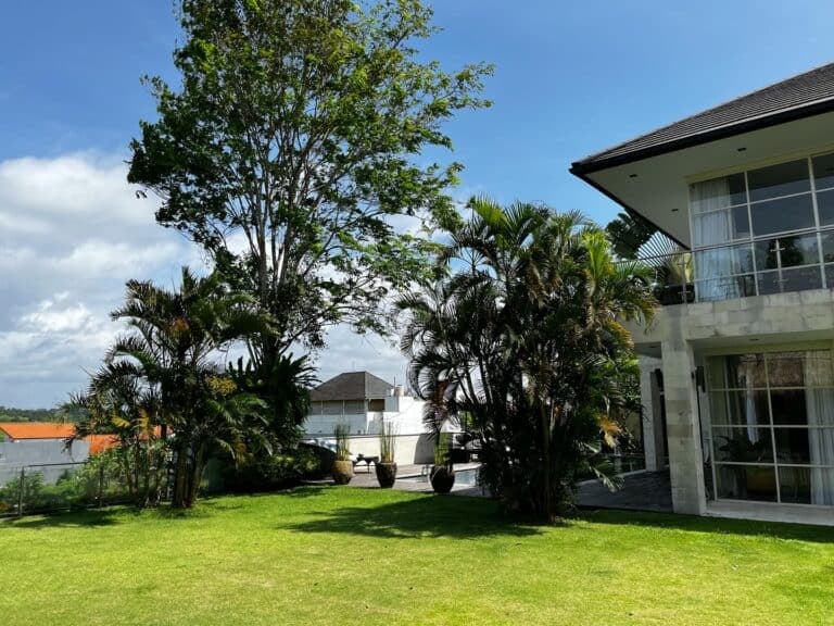 Modern house with spacious garden and trees.