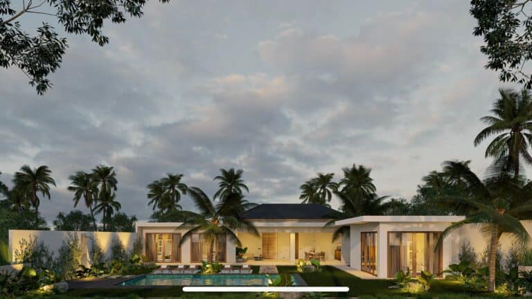 Modern villa with palm trees and pool at sunset.