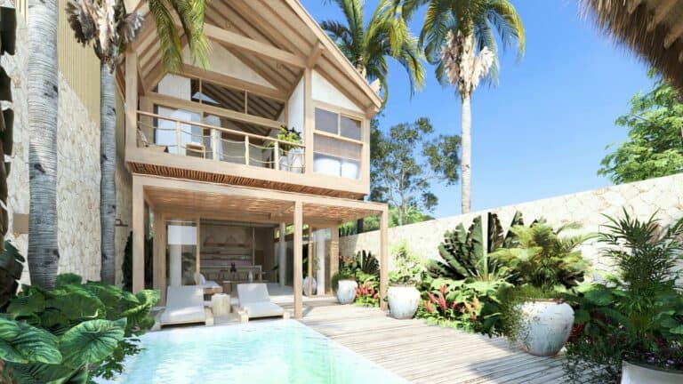 Luxury villa with pool and tropical plants