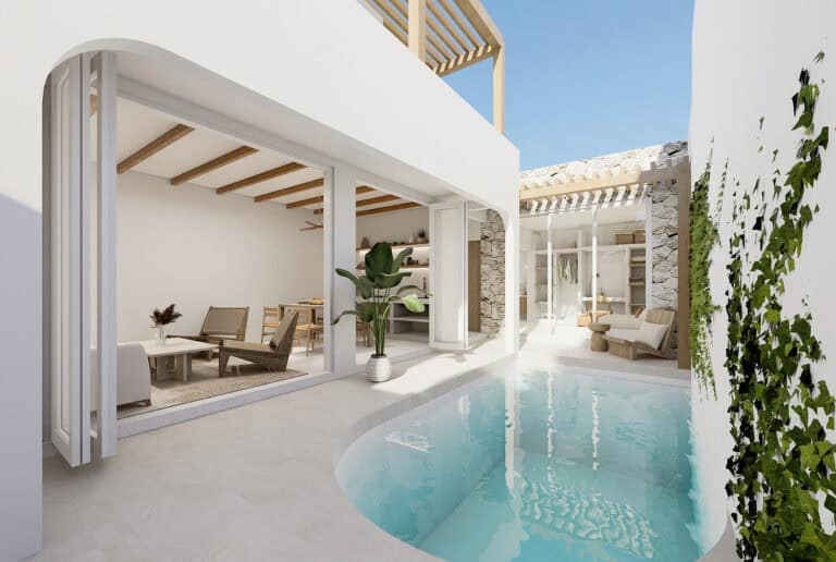 Modern patio with pool and open living space.