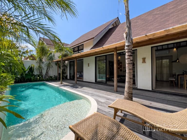 Luxury villa with pool and palm trees.