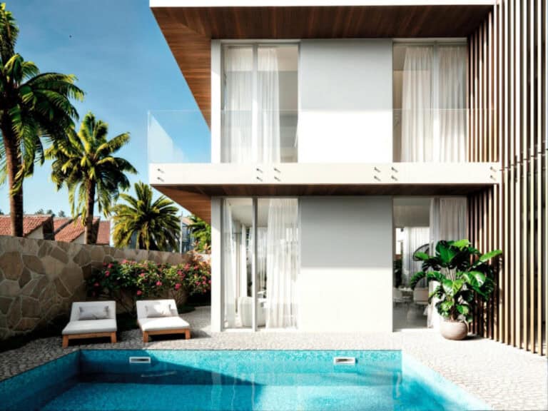 Modern villa with pool and palm trees