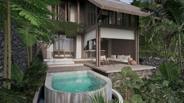 Tropical villa with pool and lush greenery