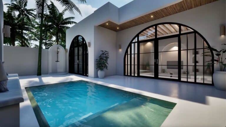 Modern villa pool area with palm trees