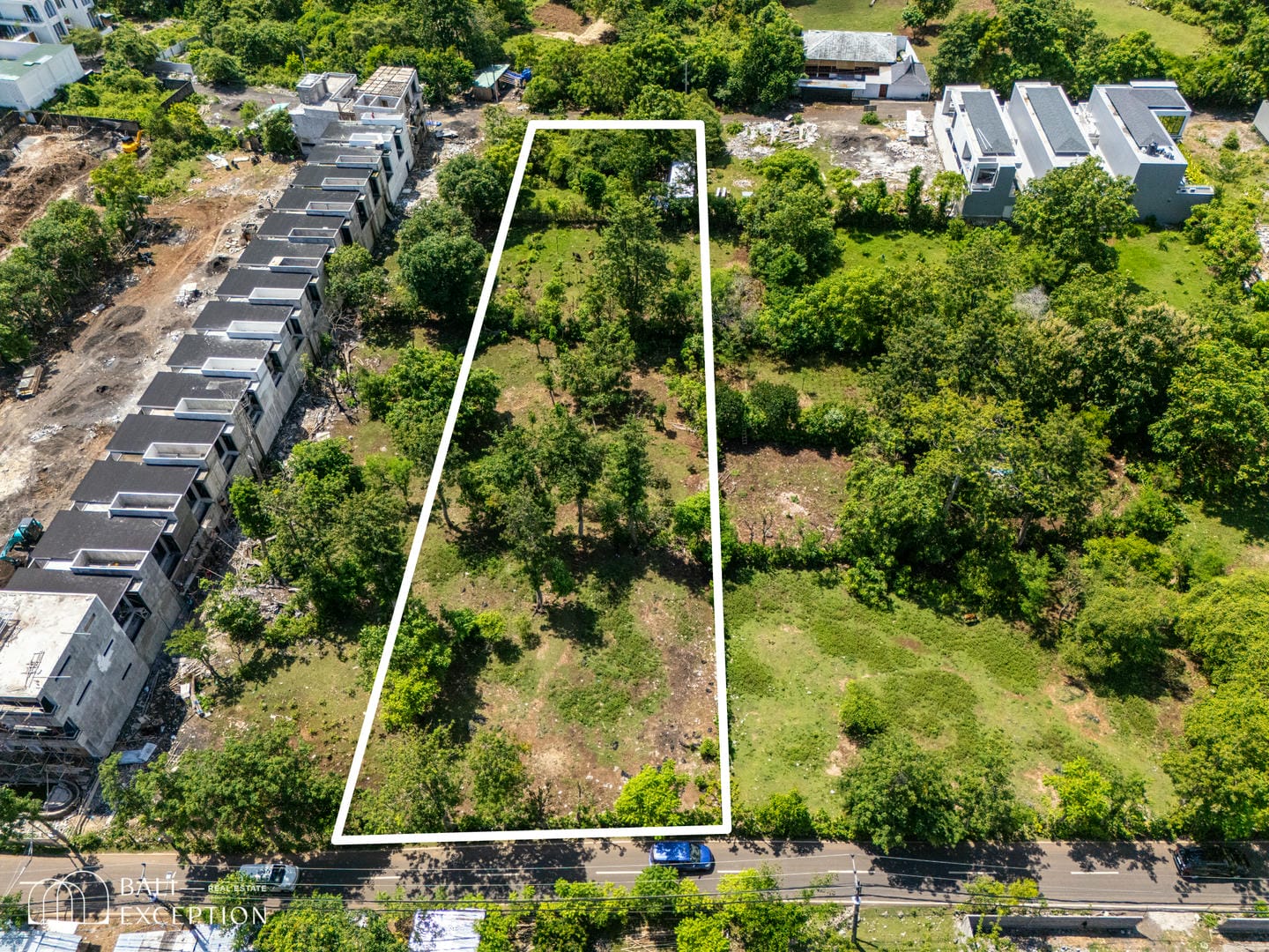 Aerial view of lush empty plot for sale.