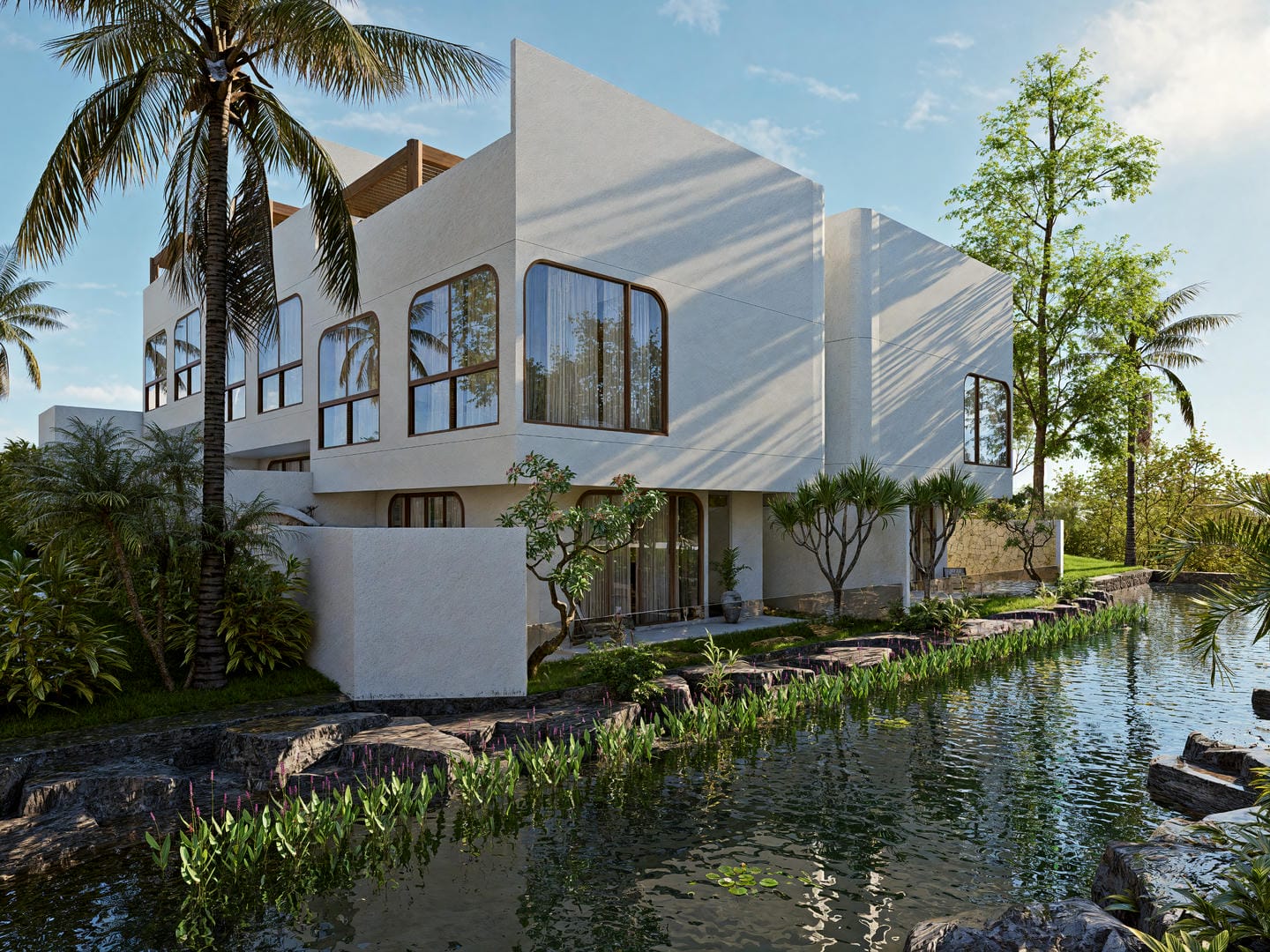 Modern house with pond and tropical plants