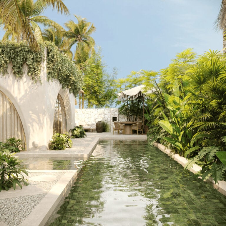Tropical garden with pool and lush greenery