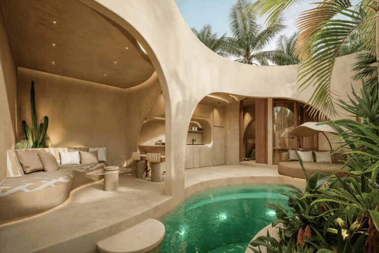 Modern villa with pool and tropical plants.