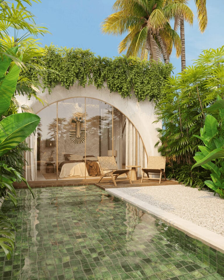 Tropical villa with pool, lush greenery.