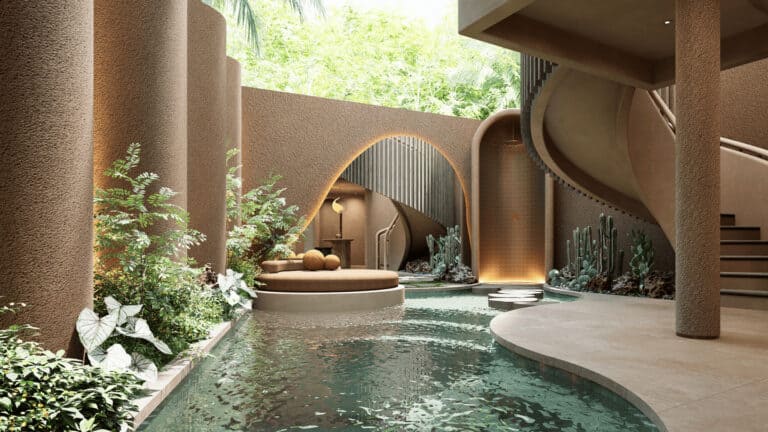 Modern indoor pool with greenery and staircase