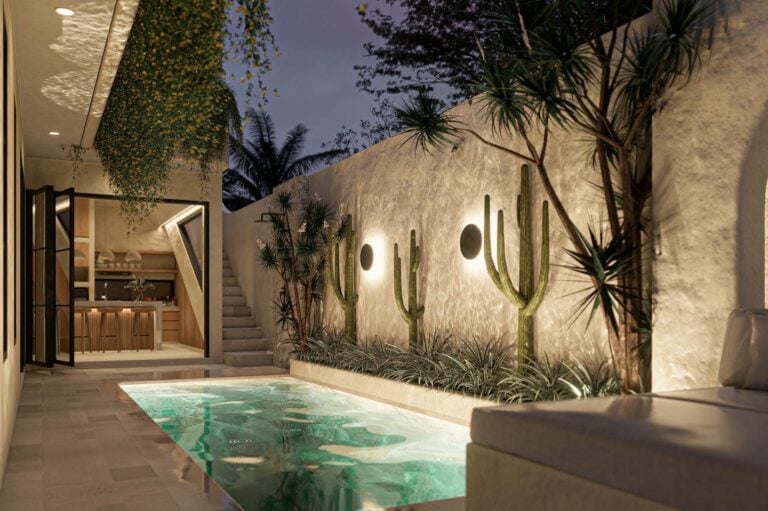 Outdoor pool with cacti and modern design.