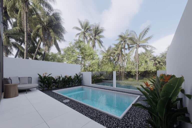 Tropical backyard with pool and lush greenery