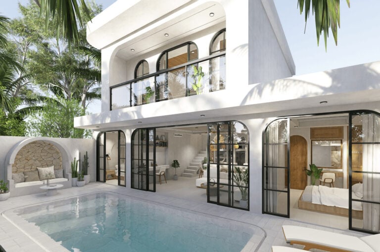 Modern villa with pool and lush greenery