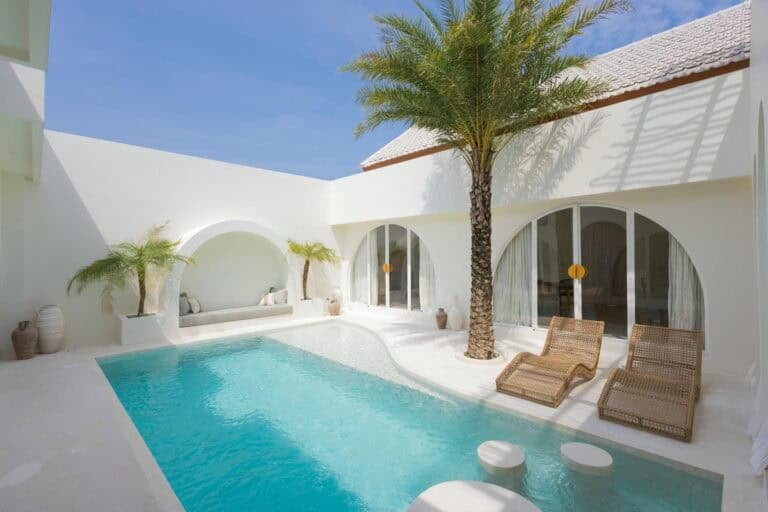 Modern patio with pool and palm tree