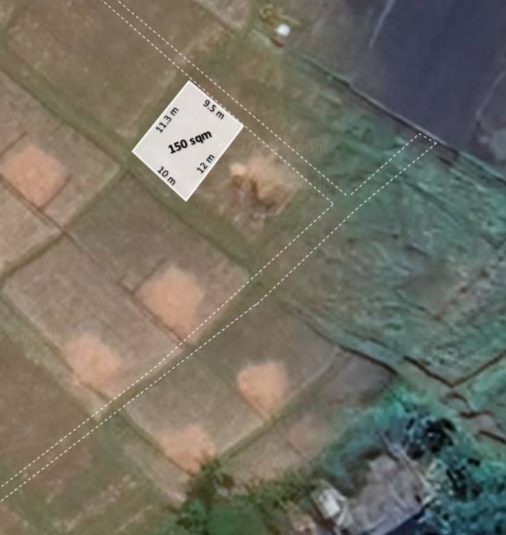 Aerial view of land plot measuring 150 square meters.