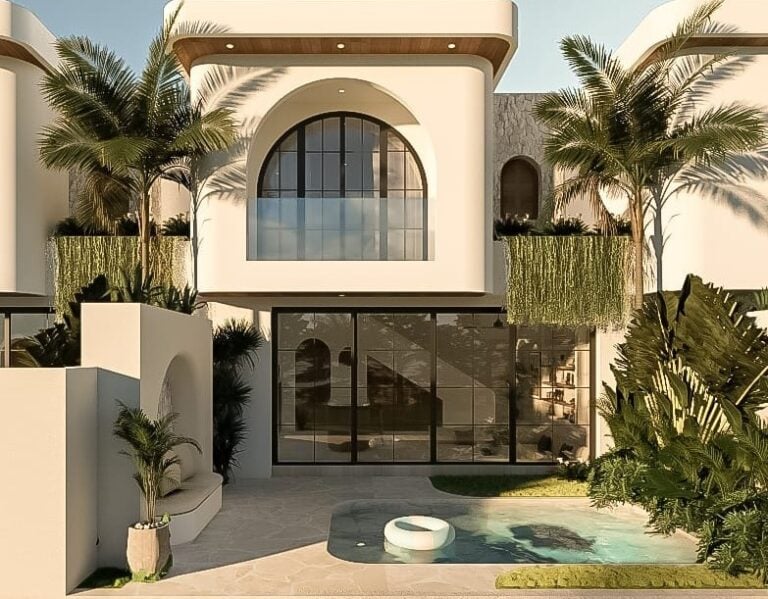 Modern villa with pool and palm trees