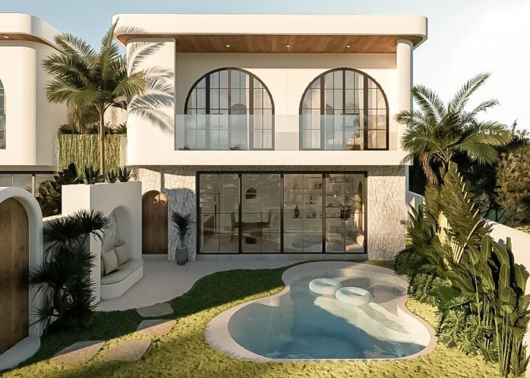Modern villa with pool and palm trees.
