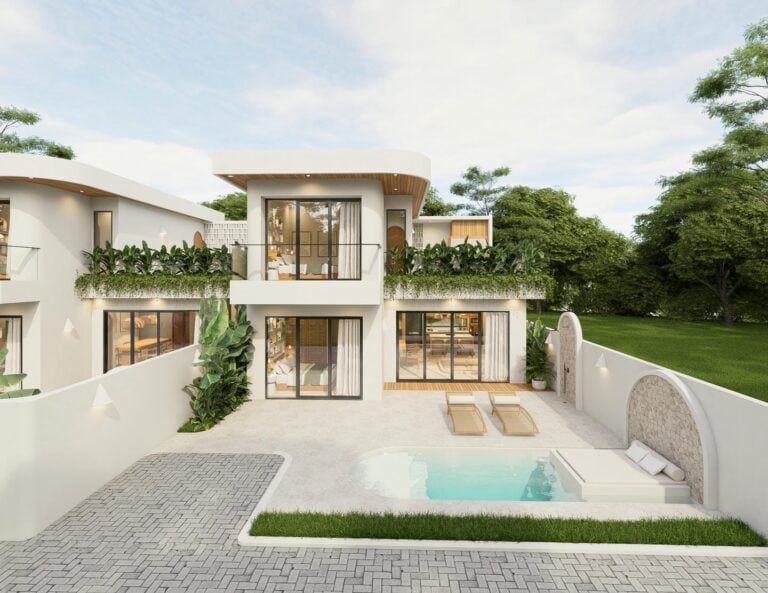 Modern villa with pool and lush greenery