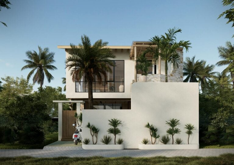 Modern tropical house with palm trees and scooter